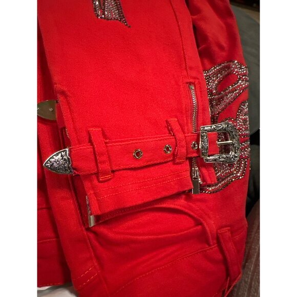Guapi Skeleton Pants Mens 30 Red Crystal Rhinestone Limited Edition Buckle Zip - Picture 10 of 12